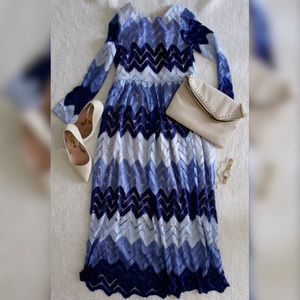 Ferraga Long Sleeve Light Blue & Blue Midi Dress